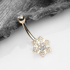 14 Karat Gold Bali Zen Flower Sparkle Belly Button Ring